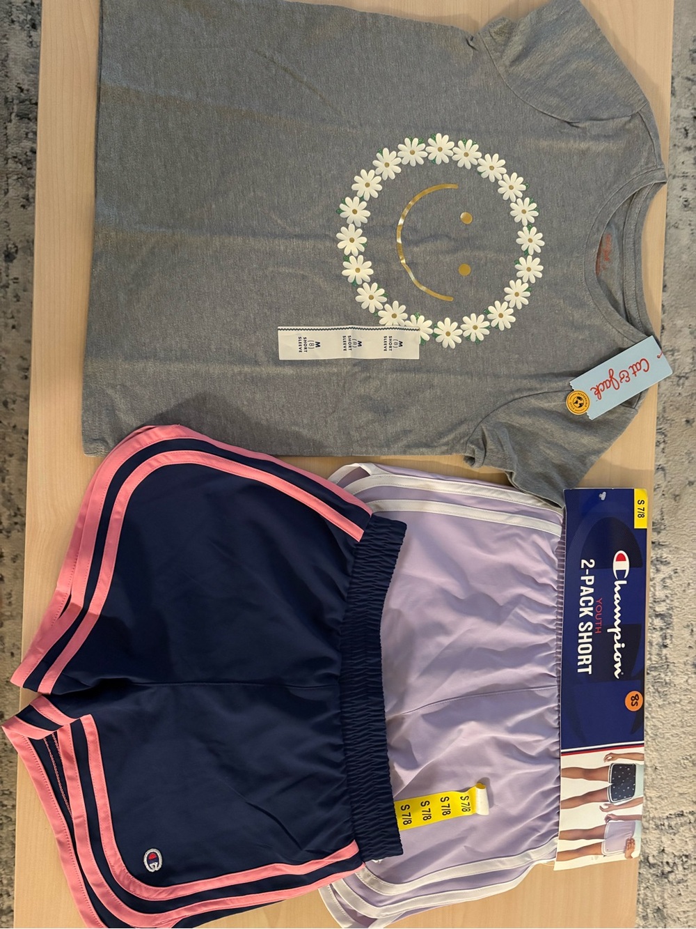 Champion Girls 2-Pack Shorts - Navy Pink & Lavender Size 7/8 And Tee Smiley Face